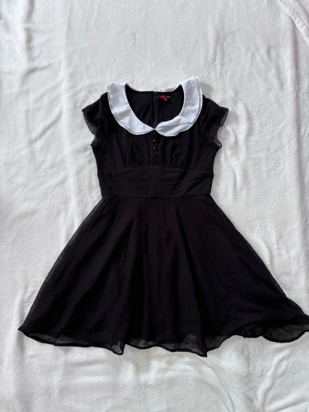 Hell Bunny Agnes Black Dress featuring a white Peter Pan collar
